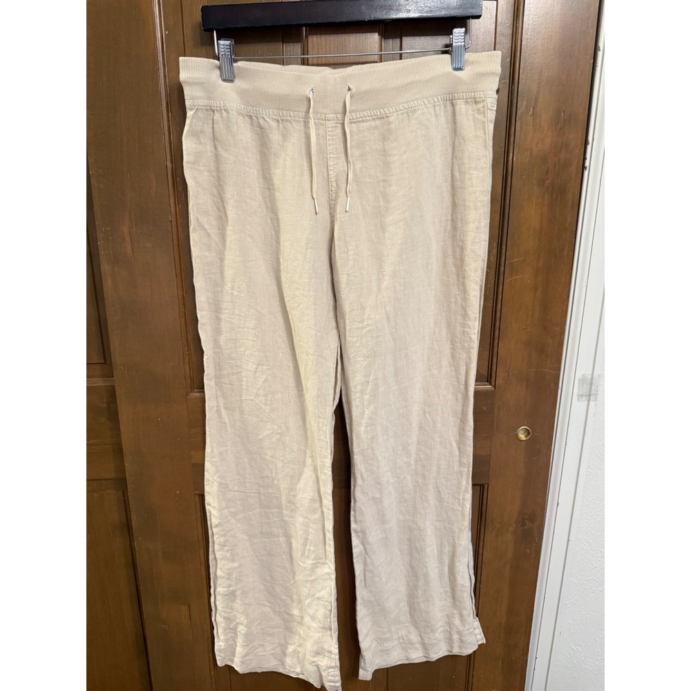 Bella Dahl 100% Linen wide leg pants size M beige elastic drawstring pull on